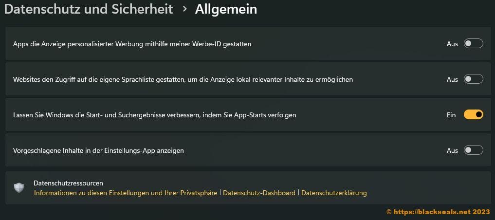 Windows-11 Datenschutz Allgemein Apps-Starts-verfolgen ein