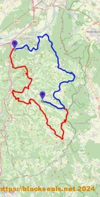 SpringDrive 2024 Karte: Etappe 1 in blau, Etappe 2 in rot SpringDrive 2024 Karte: Etappe 1 in blau, Etappe 2 in rot